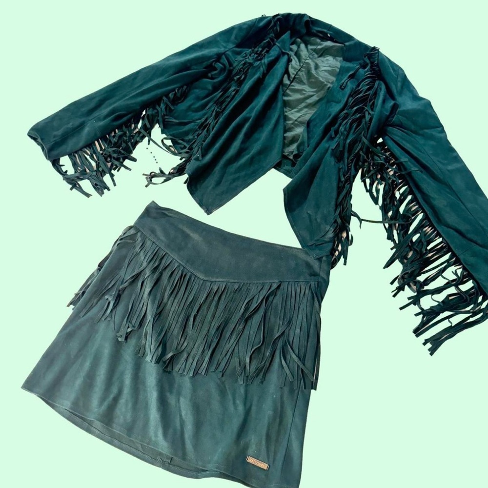 Suede green fringe two piece, size S (Lofty Manner)